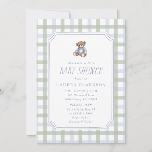 Preppy Teddy Bear Blue and Sage Plaid Baby Shower  招待状 (正面)