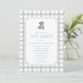 Preppy Teddy Bear Blue and Sage Plaid Baby Shower  招待状 (スタンド正面)