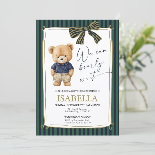 Preppy Teddy Bear Blue Green Baby Shower  招待状 (スタンド正面)