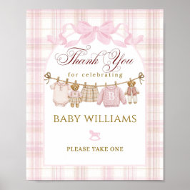 Preppy Teddy Bear Girl Baby Shower Plaid Bow Favor ポスター