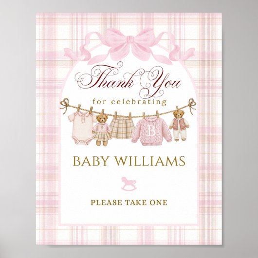 Preppy Teddy Bear Girl Baby Shower Plaid Bow Favor ポスター (正面)