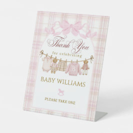 Preppy Teddy Bear Girl Baby Shower Plaid Bow Favor 台座サイン