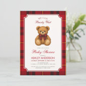 Preppy Teddy Bear Girl Baby Shower Red Black Plaid 招待状 (スタンド正面)