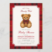 Preppy Teddy Bear Girl Baby Shower Red Black Plaid 招待状 (正面)