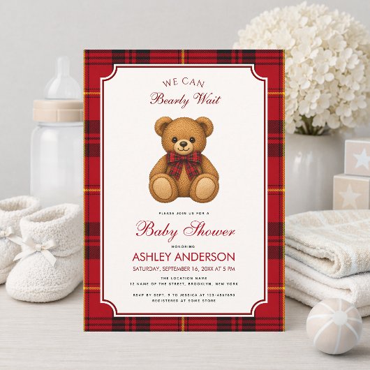 Preppy Teddy Bear Girl Baby Shower Red Black Plaid 招待状