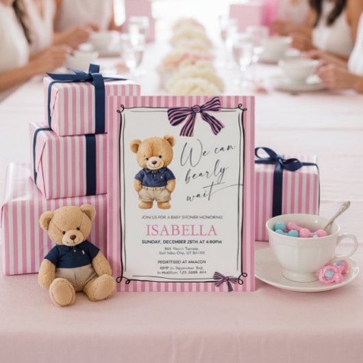 Preppy Teddy Bear Pink Baby Shower 招待状