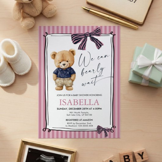 Preppy Teddy Bear Pink Baby Shower 招待状