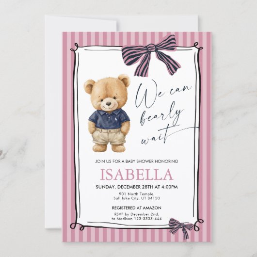 Preppy Teddy Bear Pink Baby Shower  招待状 (正面)