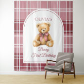 Preppy Teddy Bear Pink Bow Birthday Photo Backdrop タペストリー (インサイチュ)