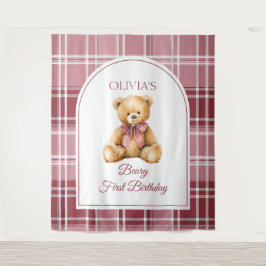 Preppy Teddy Bear Pink Bow Birthday Photo Backdrop タペストリー