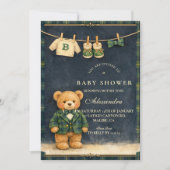 Preppy Teddy Bear Plaid Baby Shower 招待状 (正面)