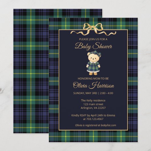 Preppy Teddy Bear Plaid Baby Shower Invitation 招待状 (正面/裏面)