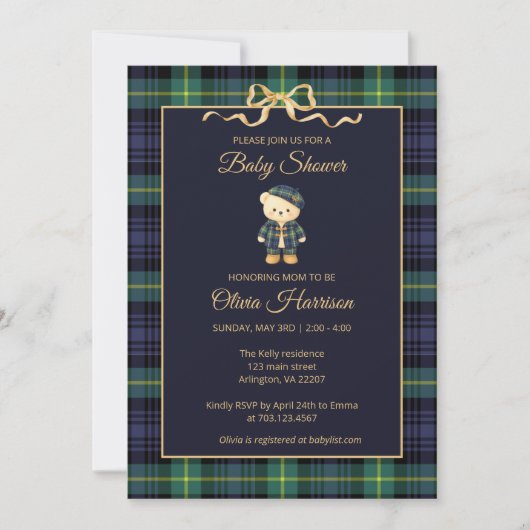 Preppy Teddy Bear Plaid Baby Shower Invitation 招待状 (正面)
