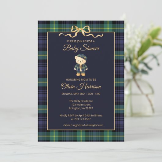 Preppy Teddy Bear Plaid Baby Shower Invitation 招待状 (スタンド正面)
