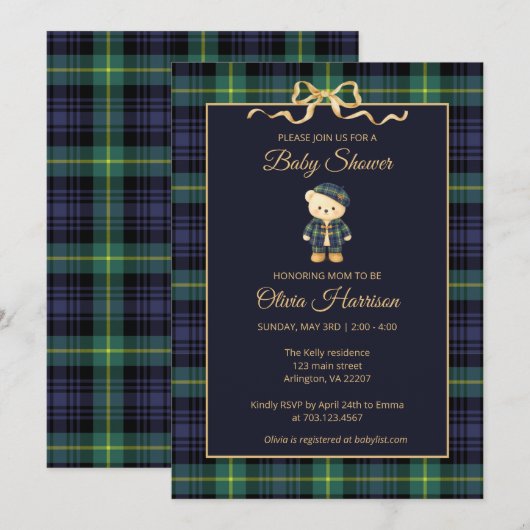 Preppy Teddy Bear Plaid Baby Shower Invitation 招待状 (正面/裏面)