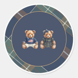 Preppy Teddy Bear Sticker Navy Plaid ラウンドシール