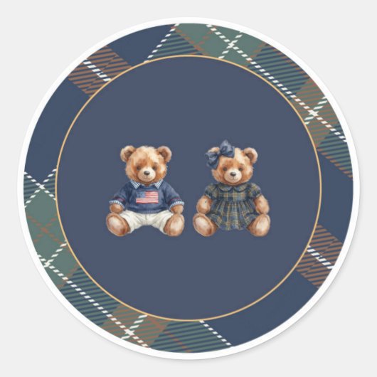 Preppy Teddy Bear Sticker Navy Plaid  ラウンドシール (正面)