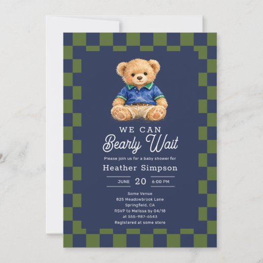 Preppy Teddy Bearly Wait Checkboard Baby Shower 招待状 (正面)