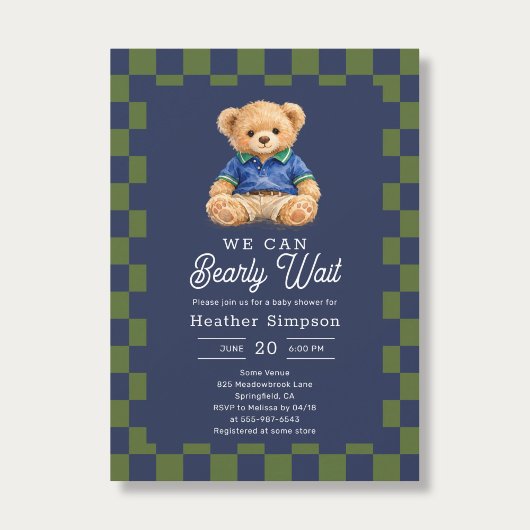 Preppy Teddy Bearly Wait Checkboard Baby Shower 招待状