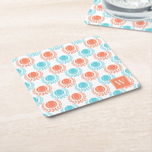 Preppy Tennis Laurel Wreath - Coral & Turquoise スクエアペーパーコースター (アングル)