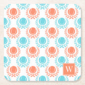Preppy Tennis Laurel Wreath - Coral & Turquoise スクエアペーパーコースター (正面)