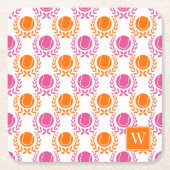 Preppy Tennis Laurel Wreath - Hot Pink & Orange スクエアペーパーコースター (正面)