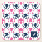 Preppy Tennis Laurel Wreath - Navy & Hot Pink スクエアペーパーコースター (正面)