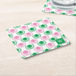 Preppy Tennis Laurel Wreath - Pink & Green スクエアペーパーコースター