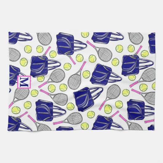Preppy Tennis Navy Monogram キッチンタオル (横)