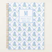 Preppy Trellis Bow Blue & Green Hydrangea Monogram プランナー手帳 (正面)
