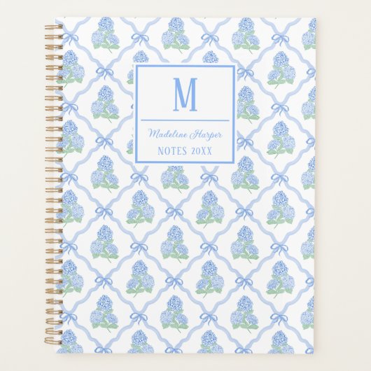 Preppy Trellis Bow Blue & Green Hydrangea Monogram プランナー手帳 (正面)
