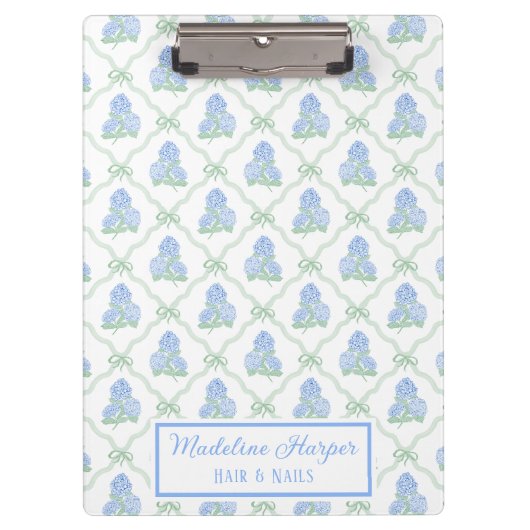 Preppy Trellis Bow Blue & Green Hydrangeas Monogra クリップボード (正面)