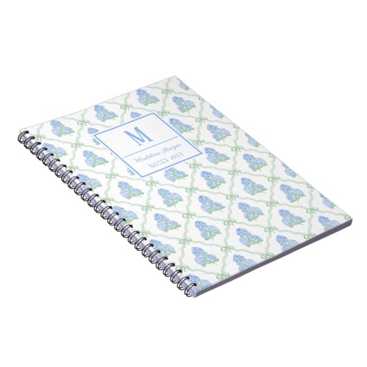 Preppy Trellis Bow Blue & Green Hydrangeas Monogra ノートブック (右側)