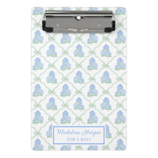 Preppy Trellis Bow Blue & Green Hydrangeas Monogra ミニクリップボード (正面)