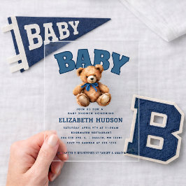 Preppy Varsity Teddy Bear Baby Shower Acrylic アクリル招待状