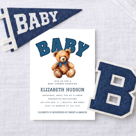 Preppy Varsity Teddy Bear Baby Shower Invitation 招待状