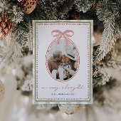 Preppy Vintage Pink Bow Family Photo Christmas シーズンカード