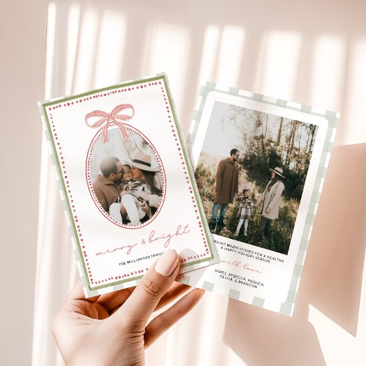 Preppy Vintage Pink Bow Family Photo Christmas シーズンカード