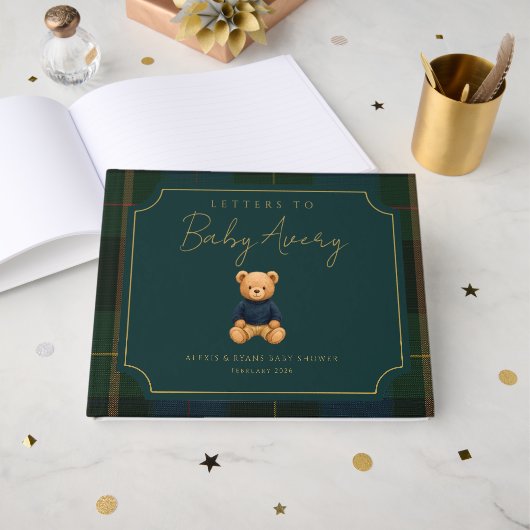 Preppy Vintage Teddy Bear Baby Shower ゲストブック (正面見開き)