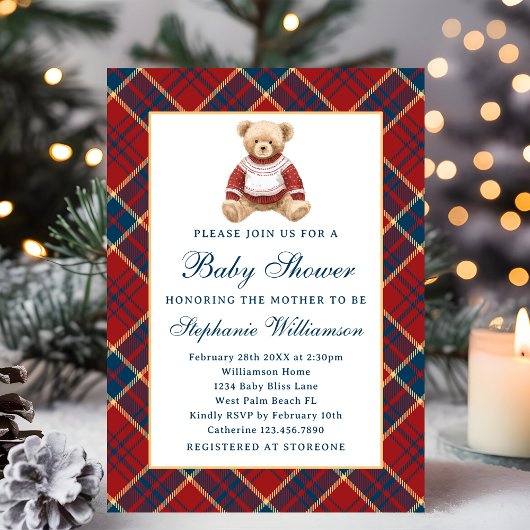 Preppy Vintage Teddy Bear Christmas Baby Shower 招待状