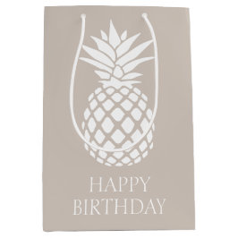 Preppy White Pineapple on Beige ミディアムペーパーバッグ