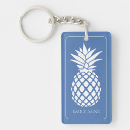 Preppy White Pineapple on Blue キーホルダー