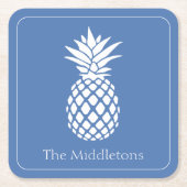 Preppy White Pineapple on Blue スクエアペーパーコースター (正面)