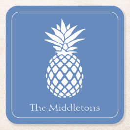Preppy White Pineapple on Blue スクエアペーパーコースター