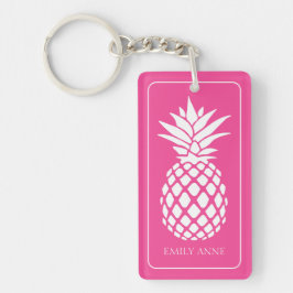 Preppy White Pineapple on Pink キーホルダー