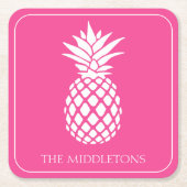 Preppy White Pineapple on Pink スクエアペーパーコースター (正面)