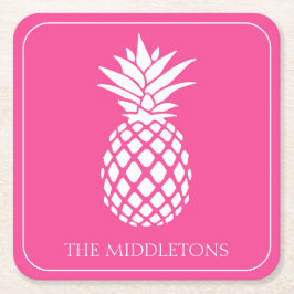 Preppy White Pineapple on Pink スクエアペーパーコースター