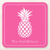 Preppy White Pineapple on Pink スクエアペーパーコースター (正面)