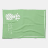 Preppy White Pineapple on Sage Green キッチンタオル (横)
