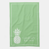 Preppy White Pineapple on Sage Green キッチンタオル (縦)